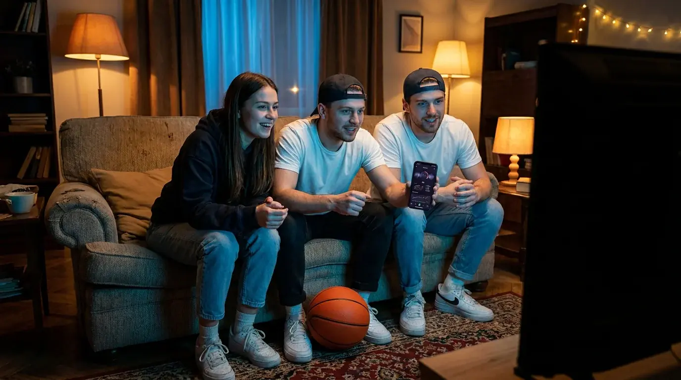 Млади фенове гледат NBA мач и следят player props на любим играч